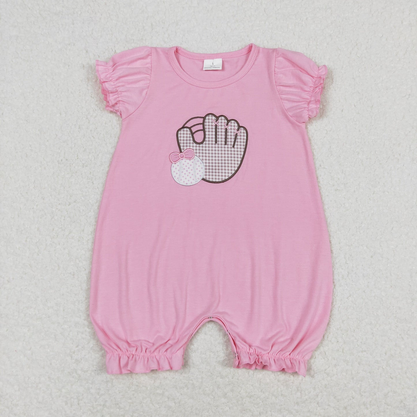 SR1213 Embroidered bow baseball glove pink short sleeve romper high quality wholesale baby waffle romper