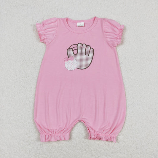 SR1213 Embroidered bow baseball glove pink short sleeve romper high quality wholesale baby waffle romper