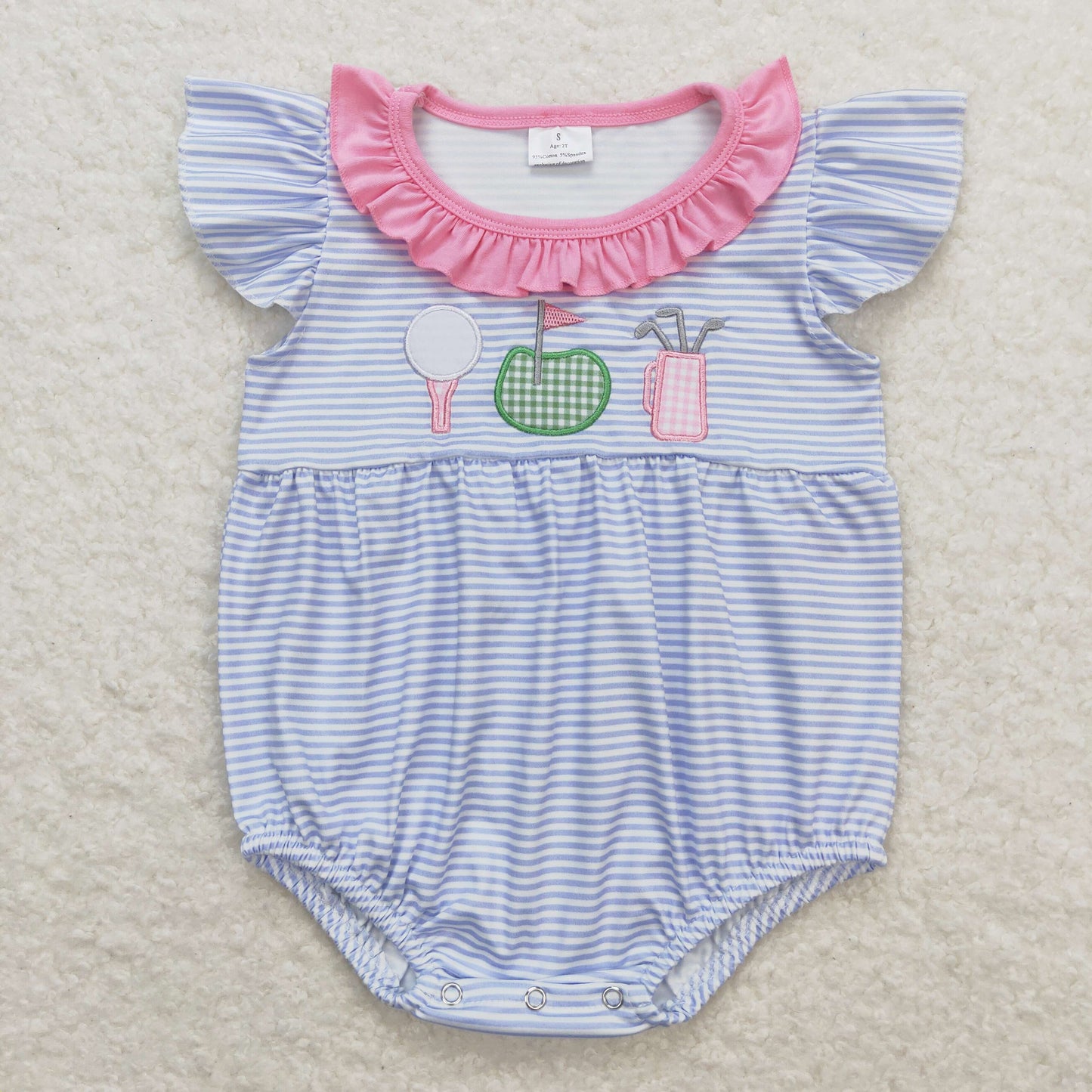 SR1215 Embroidered Golf Pink Ruffle Stripe Flying Sleeve Girls Bubble Romper RTS 202509