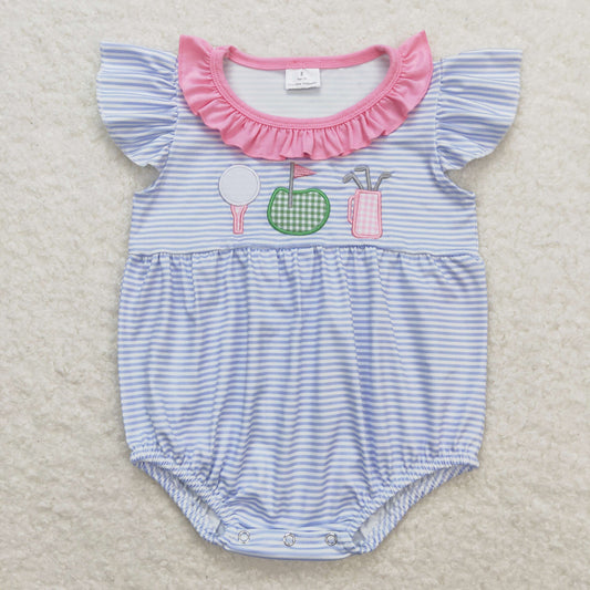 SR1215 Embroidered Golf Pink Ruffle Stripe Flying Sleeve Girls Bubble Romper RTS 202509