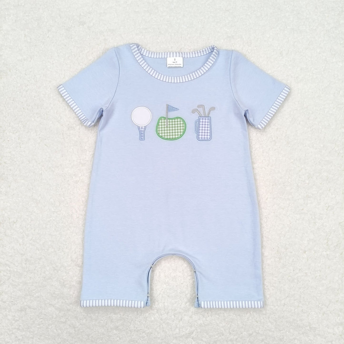 SR1216 Embroidered golf flag Blue striped short sleeve romper High quality baby cartoon rompers