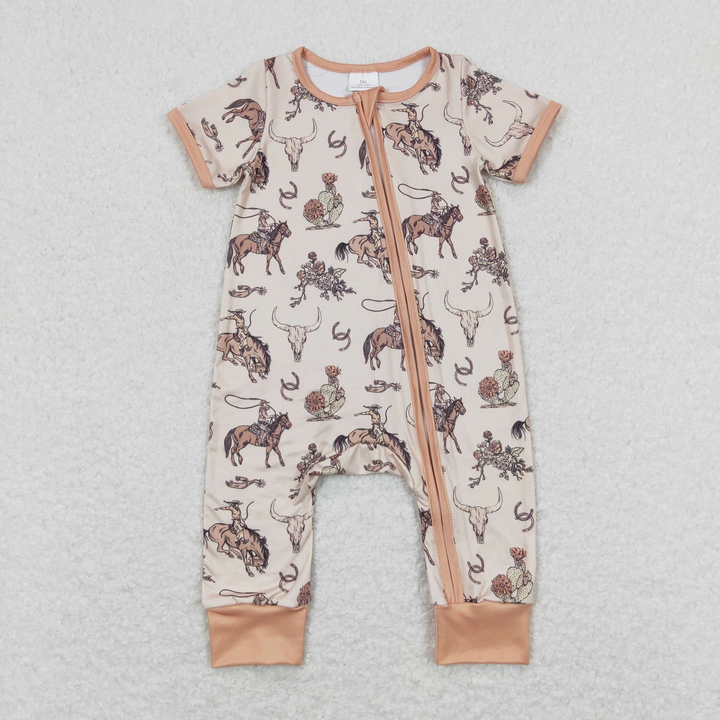 SR01220 Riding Alpine Bull Head Light Brown Zipper Short Sleeve Romper Baby Boy Boutique Outfits 20240402 RTS