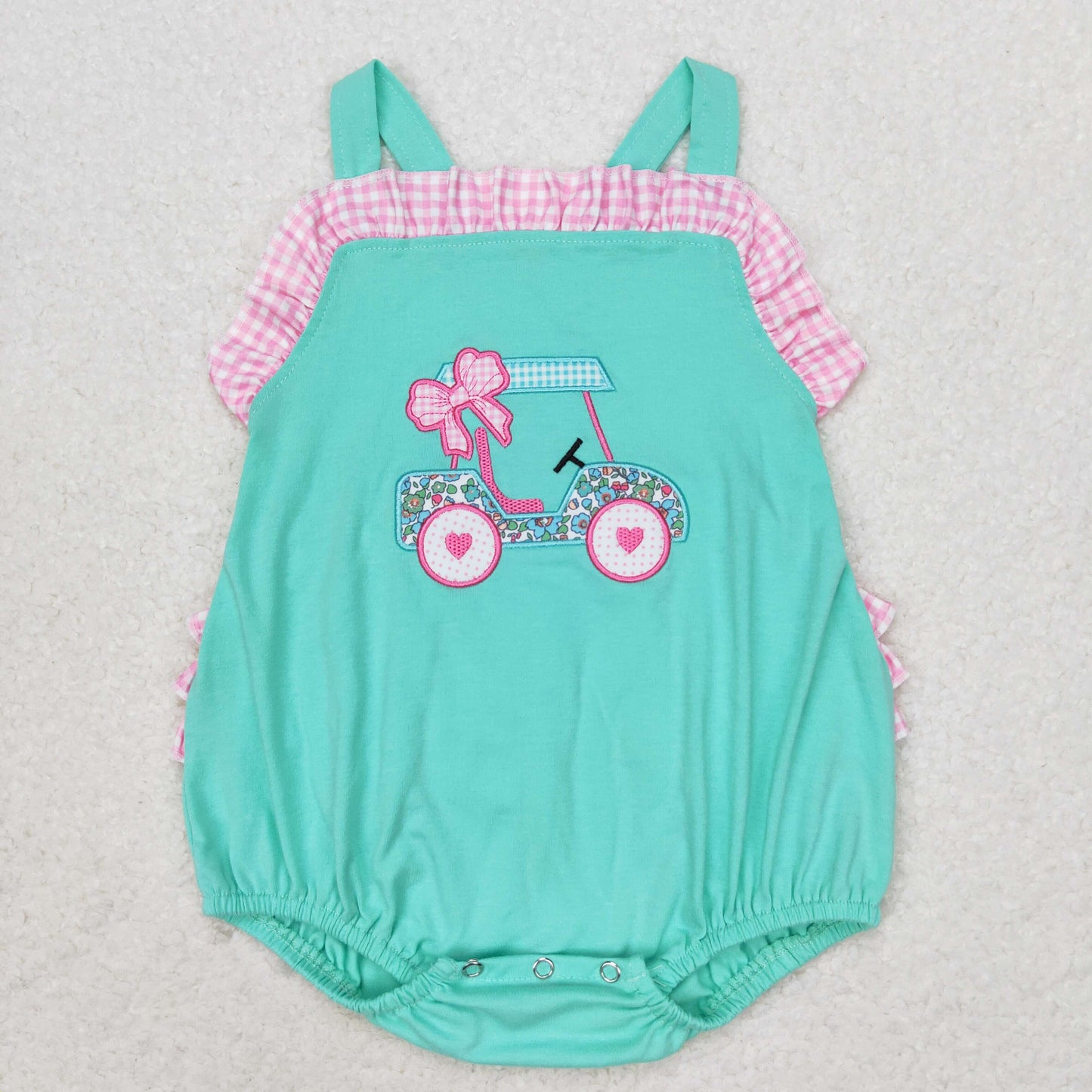 SR1223 Embroidered flower bow Sightseeing car pink and white check lace teal vest romper high quality baby summer romper