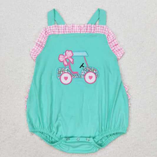SR1223 Embroidered flower bow Sightseeing car pink and white check lace teal vest romper high quality baby summer romper