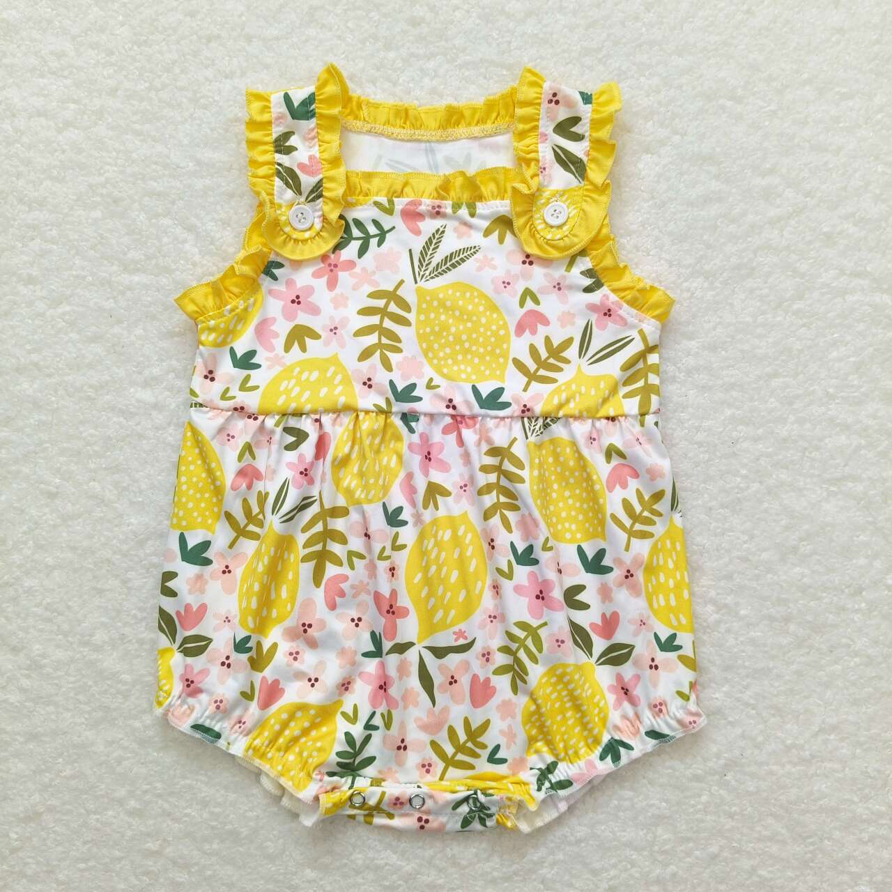 SR1224 Lemon Blossom Yellow Ruffle Sleeveless Girls Bubble Romper RTS 202508