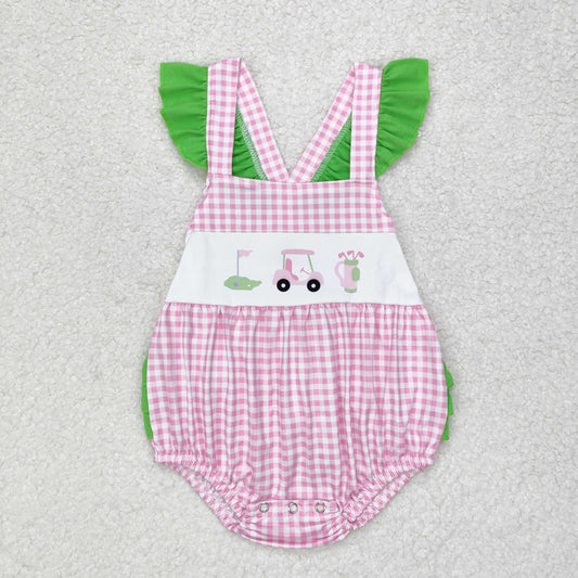 SR1226 NO MOQ Golf tour Car Pink plaid green lace vest romper High quality baby rompers wholesale