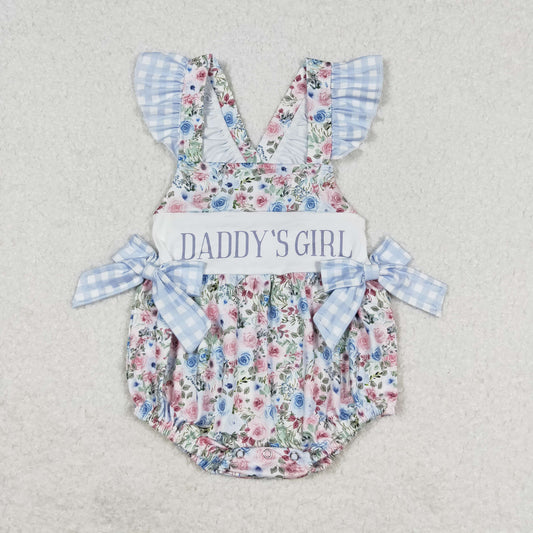 SR1240 daddy'girl Letter flowers blue and white check lace bow vest romper high quality cute summer romper baby girls 6 month