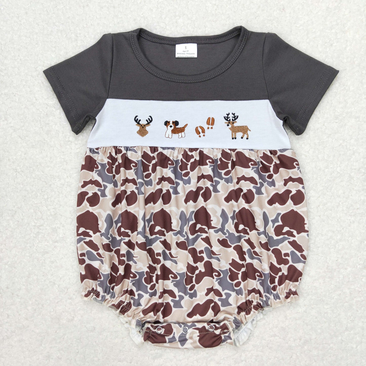 SR1243 Embroidered Elk puppy camouflage short sleeve romper high quality new born baby rompers