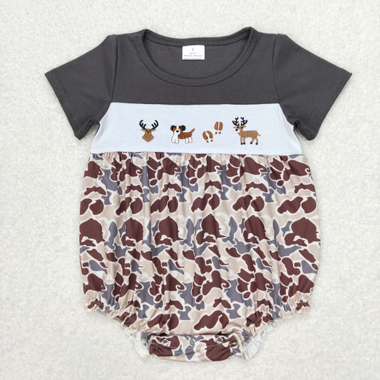 SR1243 Embroidered Elk puppy camouflage short sleeve romper high quality new born baby rompers