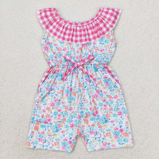 SR1244 Flowers floral Rose red check lace sleeveless romper High quality baby romper for baby