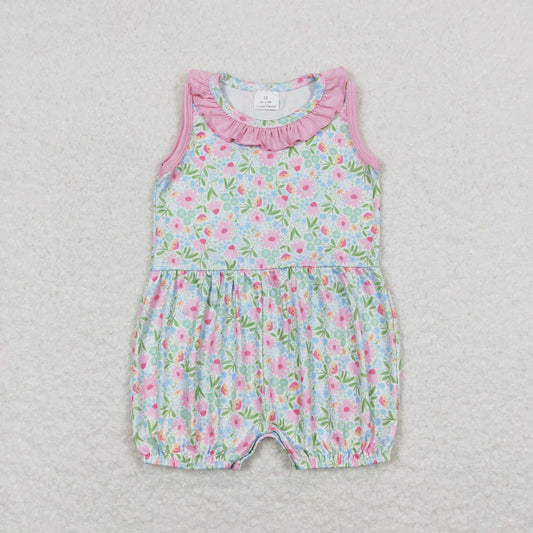 SR1262 baby girl floral pink ruffle sleeveless rompers 20240408 RTS