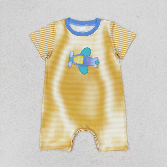 SR1264 Embroidery aircraft striped yellow short sleeve romper high quality wholesale baby clothes romper