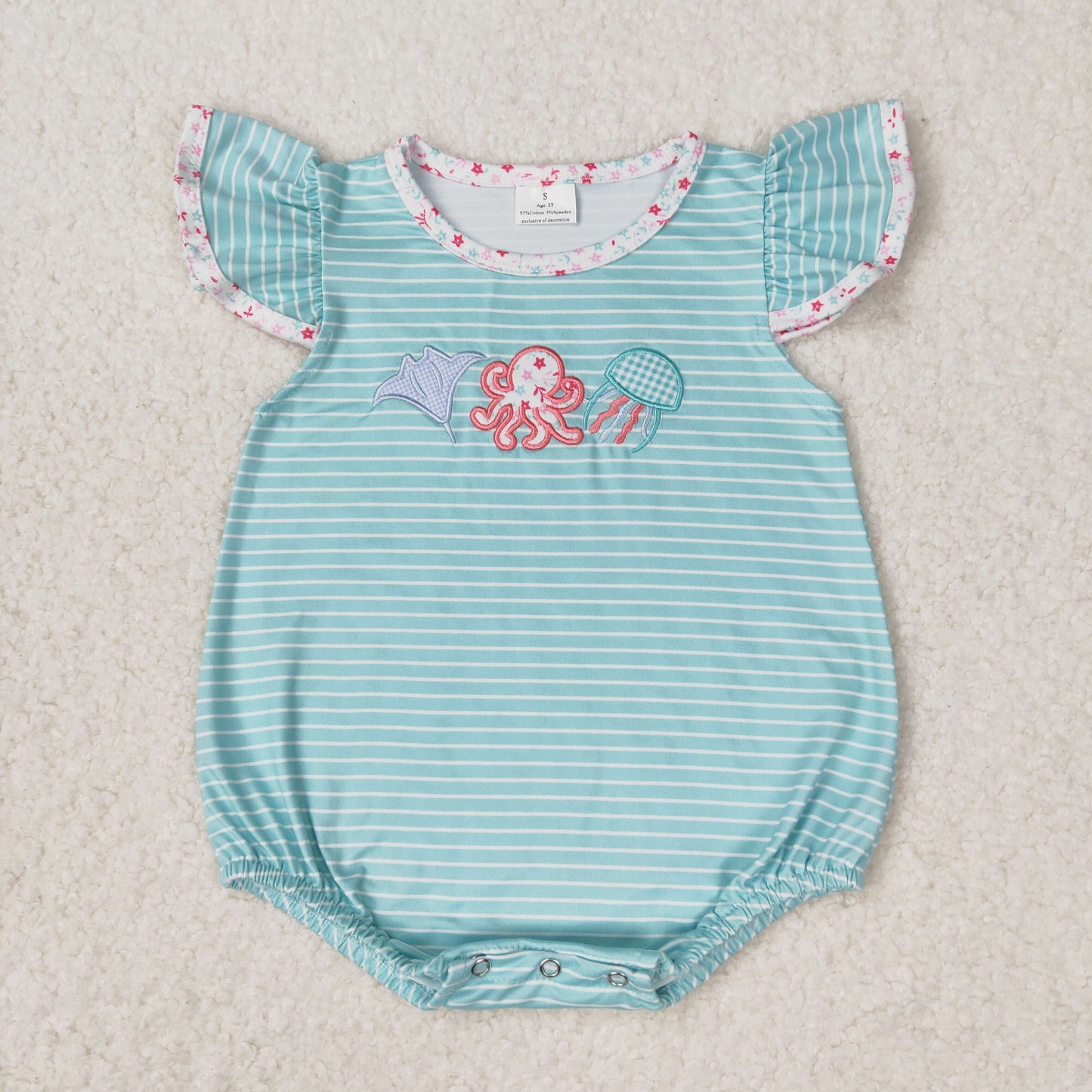 SR1267 Embroidered octopus jellyfish striped teal flying sleeve vest romper High quality cute girls in rompers