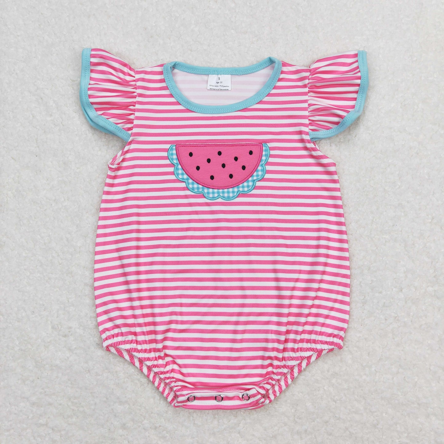 SR1268 Embroidered Watermelon Pink Stripe Flying Sleeve Girls Bubble Romper RTS 202509