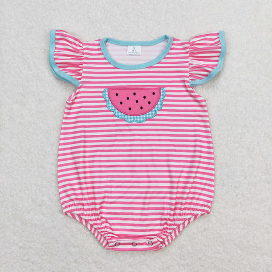 SR1268 Embroidered Watermelon Pink Stripe Flying Sleeve Girls Bubble Romper RTS 202509