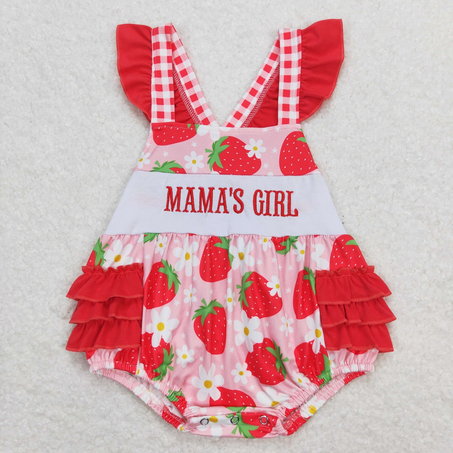 SR1269 Embroidered Mama's girl Red Strawberry Flower Flying Sleeve Girls Bubble Romper RTS 202509