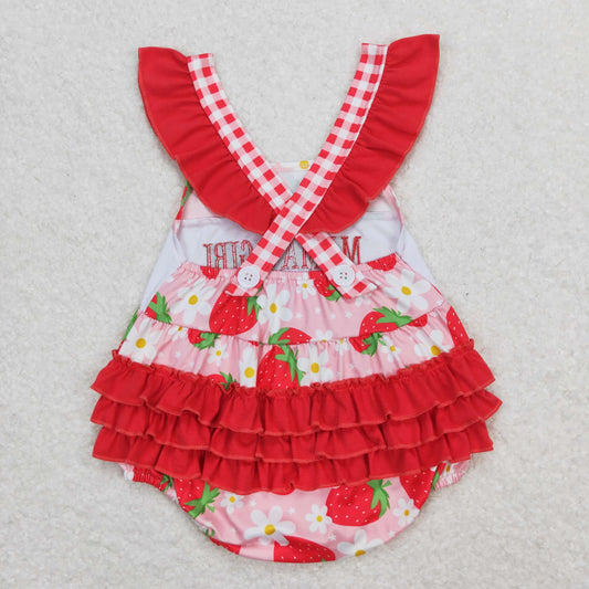 SR1269 Embroidered Mama's girl Red Strawberry Flower Flying Sleeve Girls Bubble Romper RTS 202509
