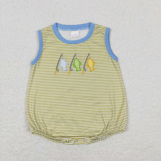 SR1281 Embroidered fishing Yellow striped vest romper High quality wholesale baby fleece romper