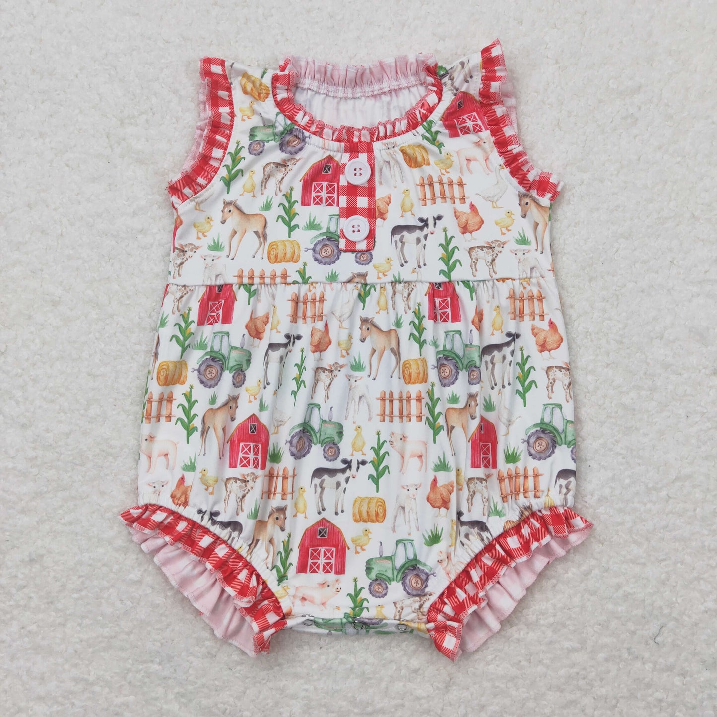 SR1294 Farm Animals Pattern Red Plaid Ruffle Sleeveless Girls Bubble Romper RTS 202508