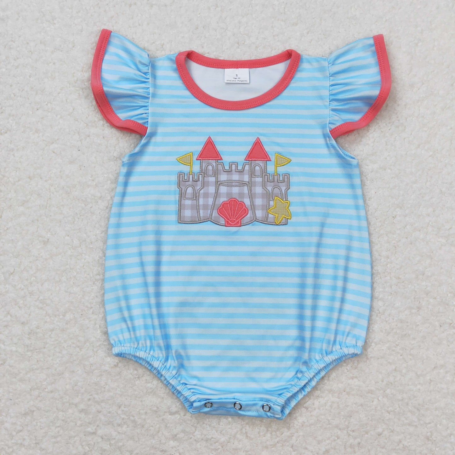 SR1317 Embroidered Shell Star Castle Rose Red Flying Sleeve Blue Stripe Romper Girls Boutique Outfits 202404 RTS