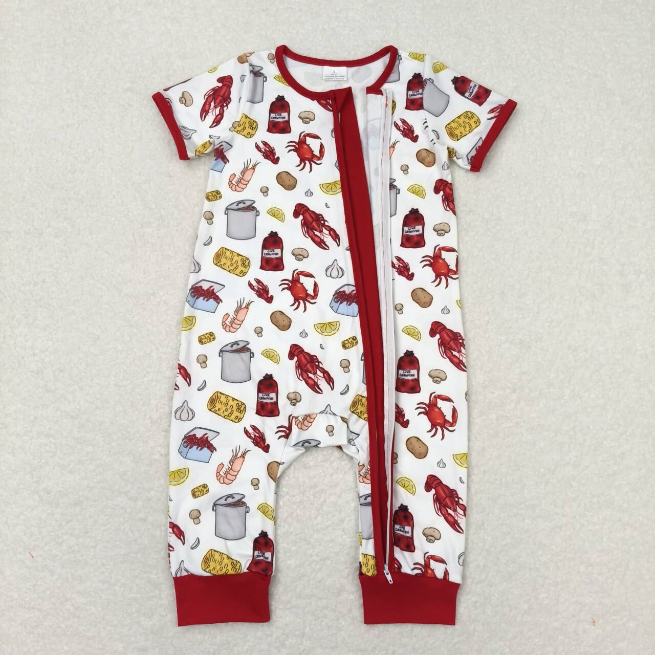 SR1339 White Crayfish Crab Red White Zipper Short Sleeve Girls Rompers RTS 202508