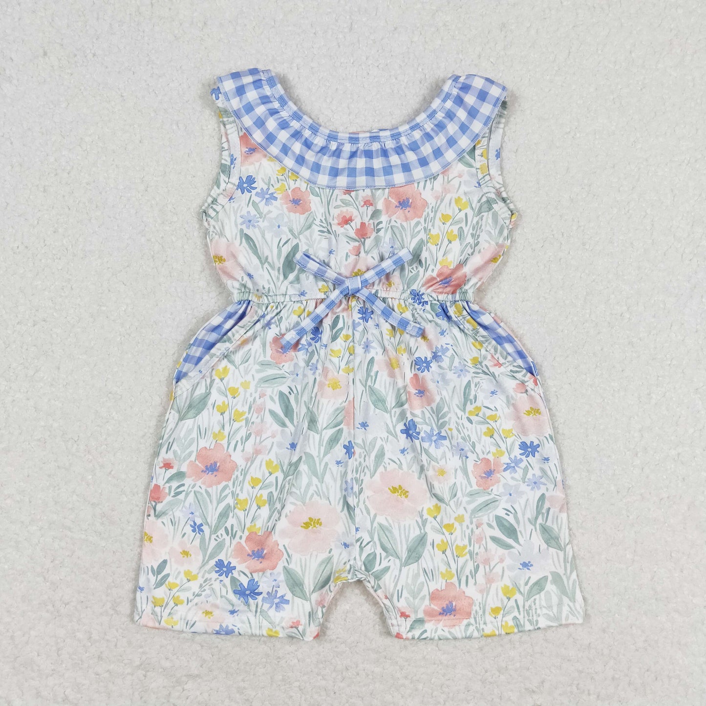 SR1343 floral blue and white check lace sleeveless romper High quality wholesale baby romper