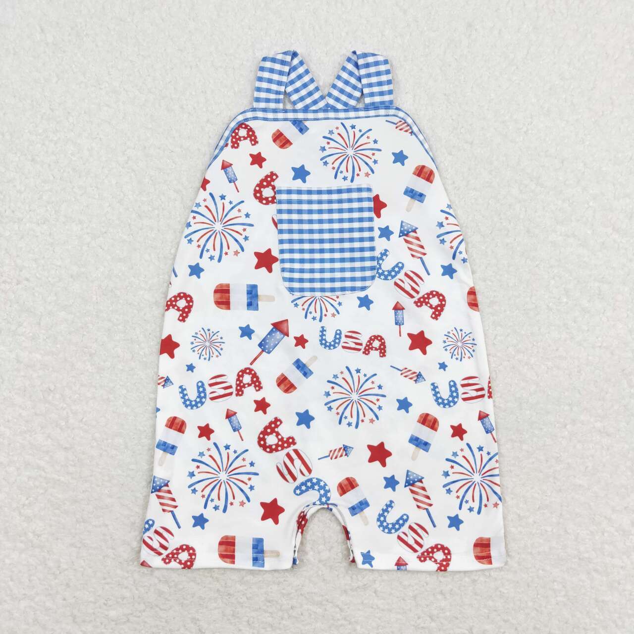 SR1366 Independence Day usa Stars Fireworks Blue and white plaid pocket strap high quality wholesale baby girl romper
