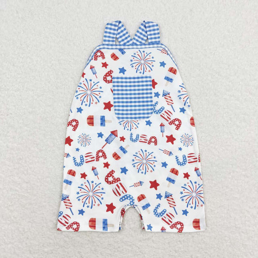 SR1366 Independence Day usa Stars Fireworks Blue and white plaid pocket strap high quality wholesale baby girl romper