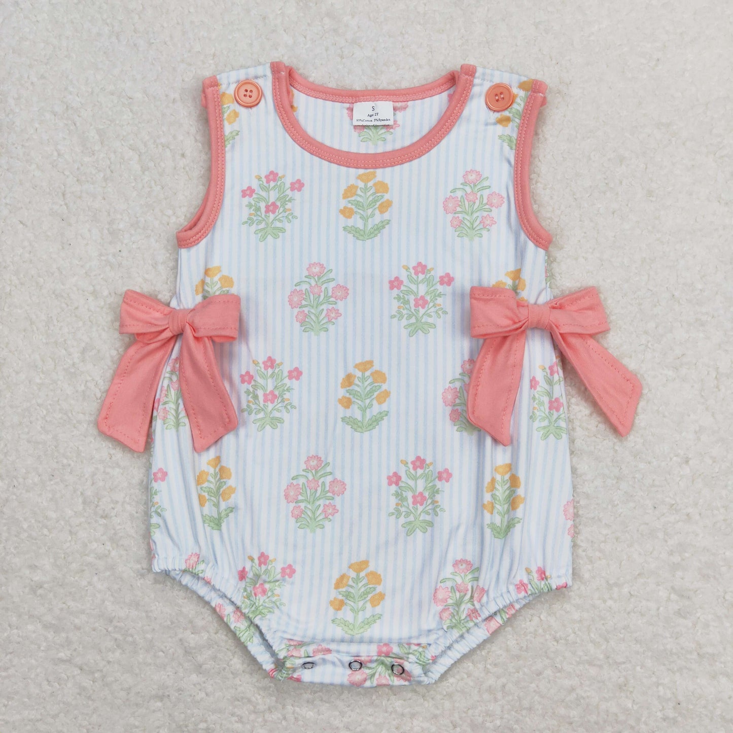 SR1411 Flower Pink Bows Blue Stripe Sleeveless Girls Bubble Romper RTS 202508