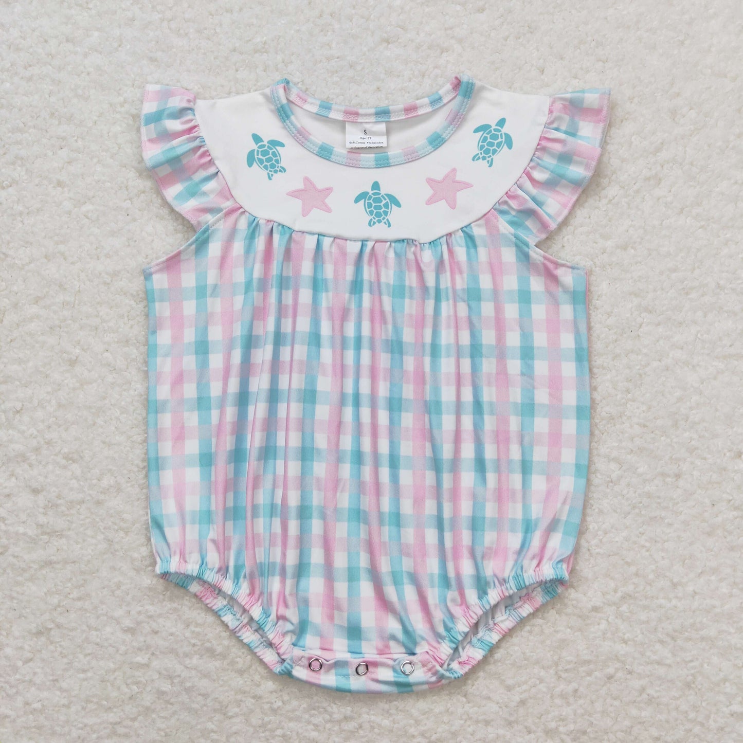 SR1412 Turtle Starfish Colored Plaid Fly Sleeve Bubble Romper Baby Girls Boutique Outfits 202404 RTS