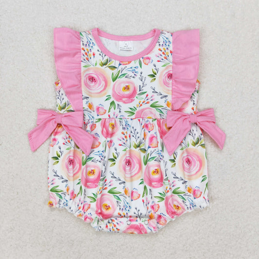 SR1420 Floral pink lace bow vest romper high quality baby girl romper