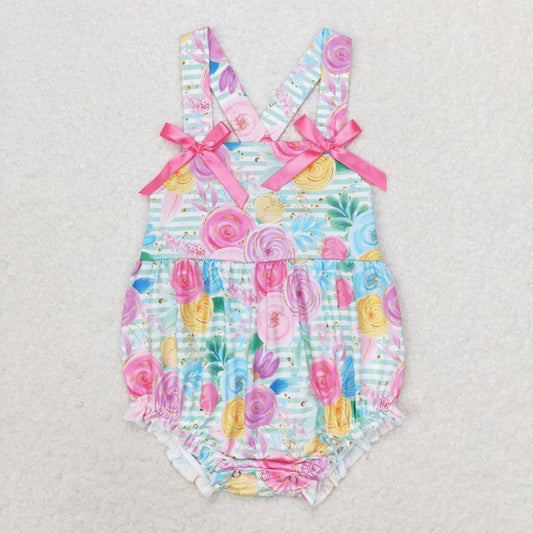SR1424 Colorful flowers striped pink bow vest romper High quality summer baby romper
