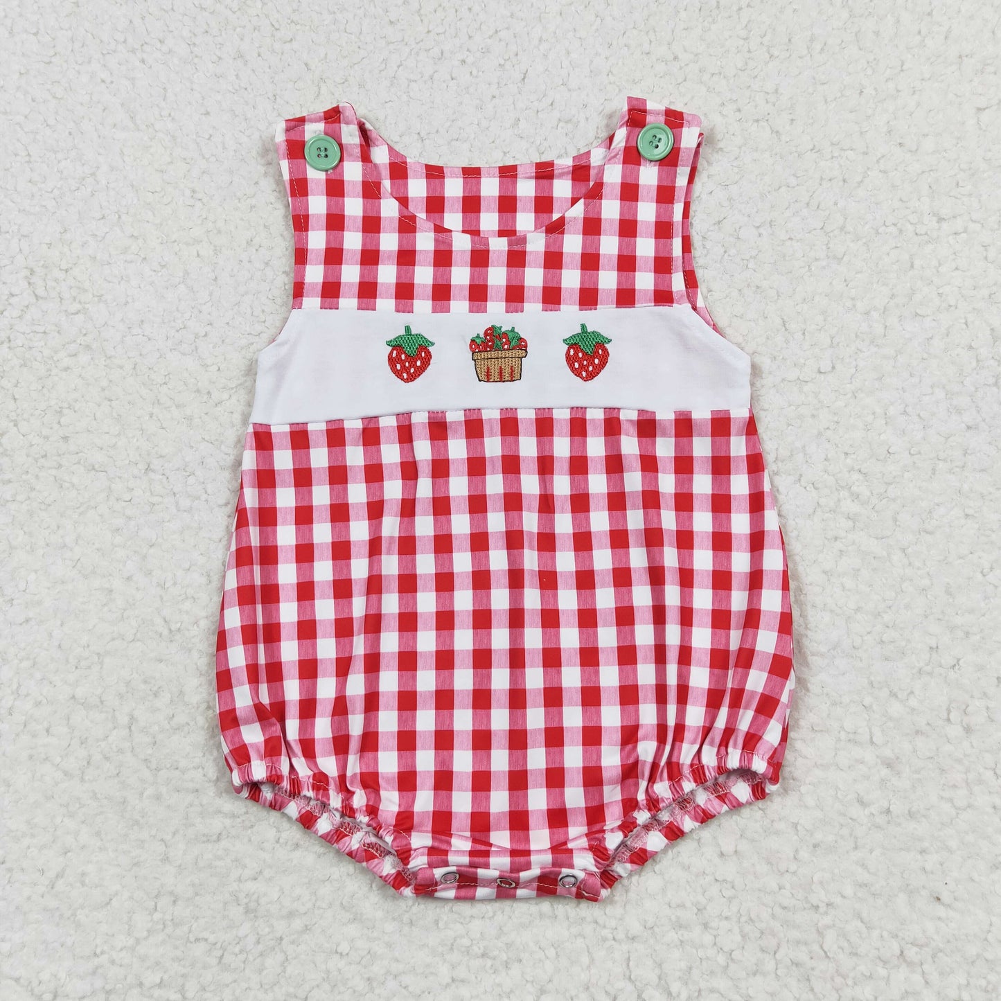 SR1468 Embroidered strawberry red plaid vest romper high quality wholesale baby girl romper dress