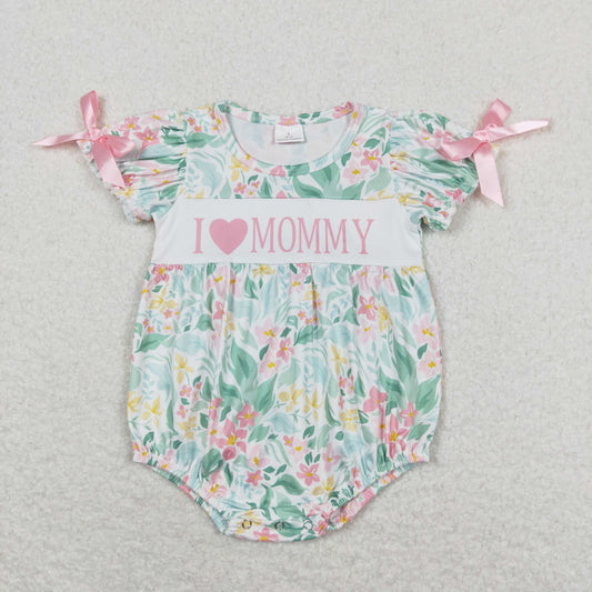 SR1471 i love mommy green pink flower leaf short-sleeved romper baby girl romper