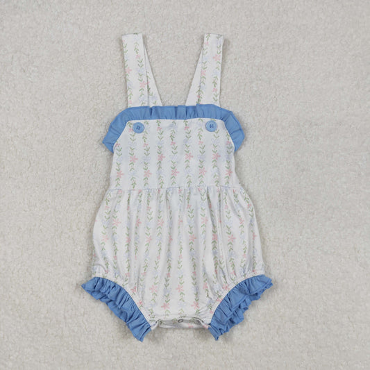 SR1478 Blue Flower Leaf Refreshing Ruffled Sleeveless romper Girls Boutique outfit 202502 RTS