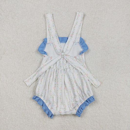 SR1478 Blue Flower Leaf Refreshing Ruffled Sleeveless romper Girls Boutique outfit 202502 RTS