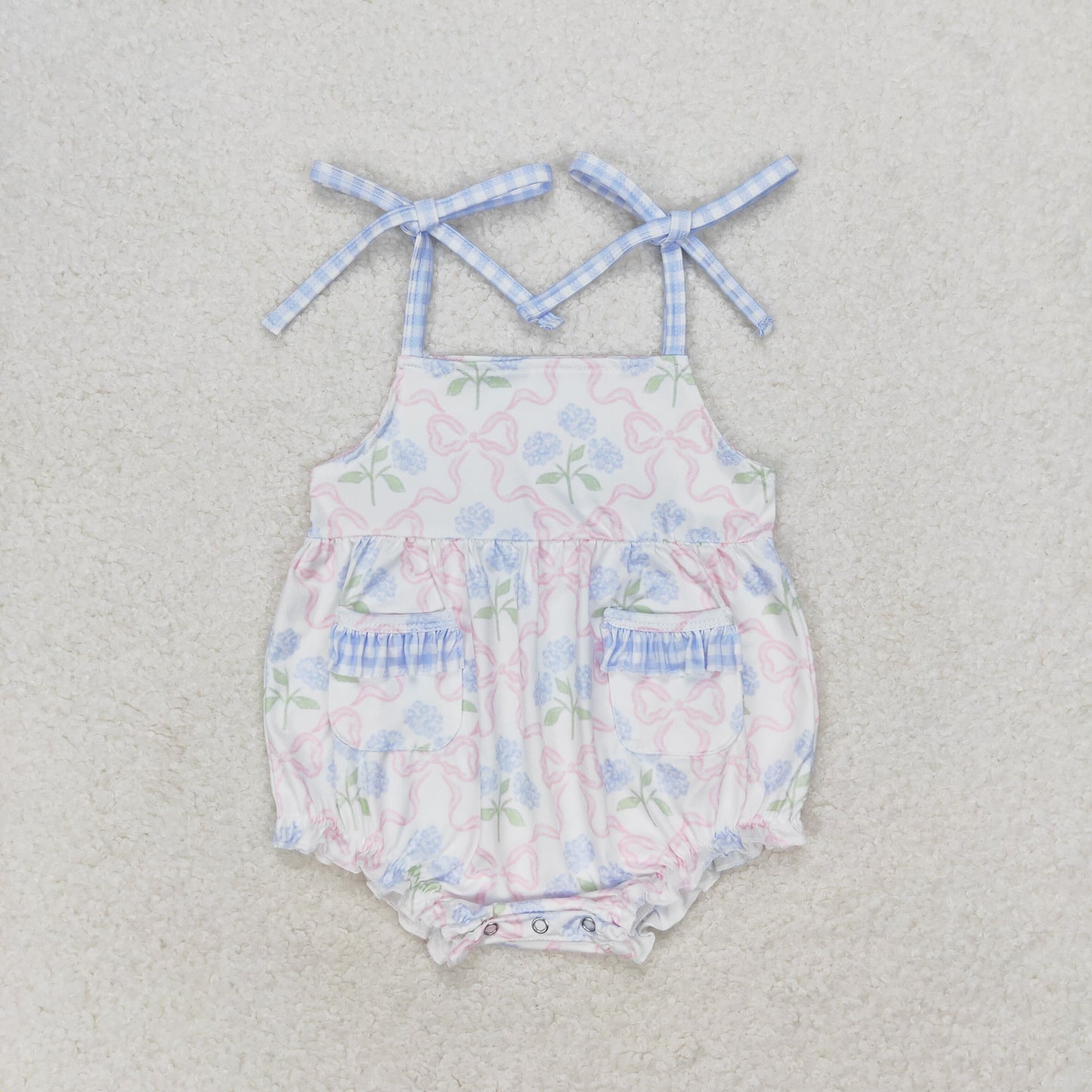 SR1482 Blue flowers Pink bow pattern plaid lace vest romper High quality wholesale customise baby romper