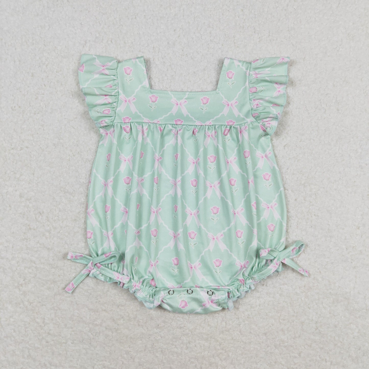 SR1503 Floral bow green romper top quality baby ruffle rompers wholesale