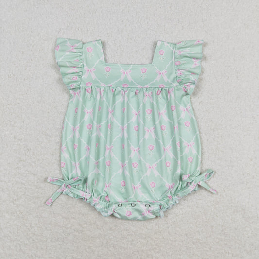 SR1503 Floral bow green romper top quality baby ruffle rompers wholesale