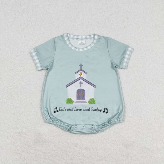 SR1530 Church lettering teal plaid short sleeve romper high quality baby boys' rompers