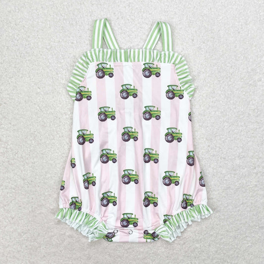SR1543 Farm tractor pink striped green lace vest romper high quality baby girl romper