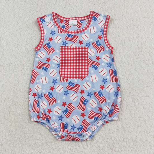 SR1563 Flag Stars Baseball Red and white checkered pocket vest romper High quality baby romper set