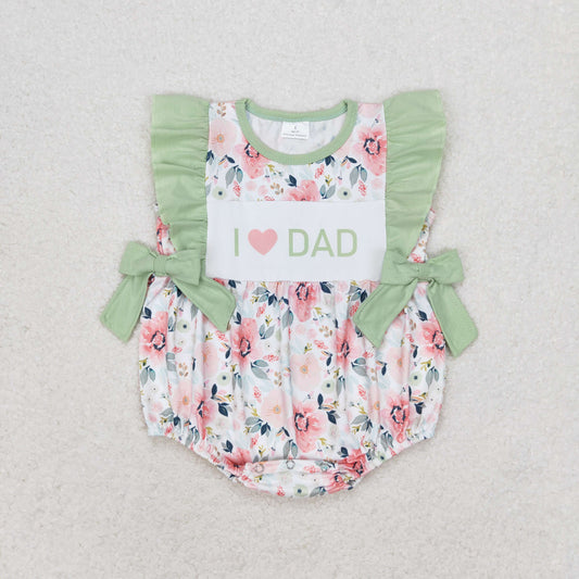 SR1569 I Love Dad Flower Green Ruffle Sleeveless Girls Bubble Romper RTS 202509