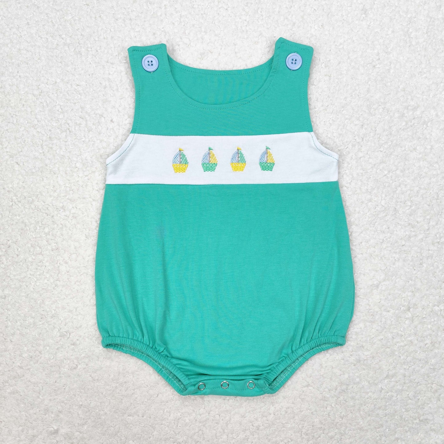 SR1581 Embroidered sailboat teal vest romper high quality baby rompers girl