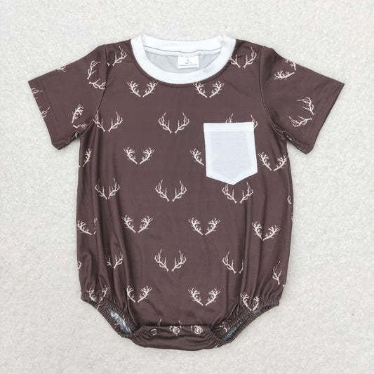 SR1614 Antler beige pocket Brown short sleeve romper High quality baby jumpsuit romper