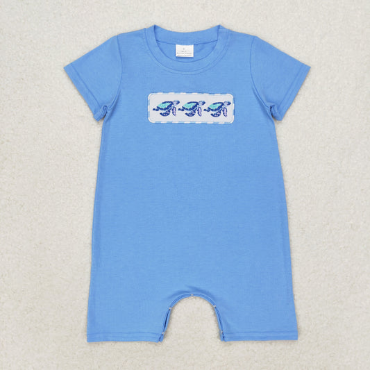SR1651 Embroidered Turtle Blue short sleeve romper high quality baby rompers wholesale