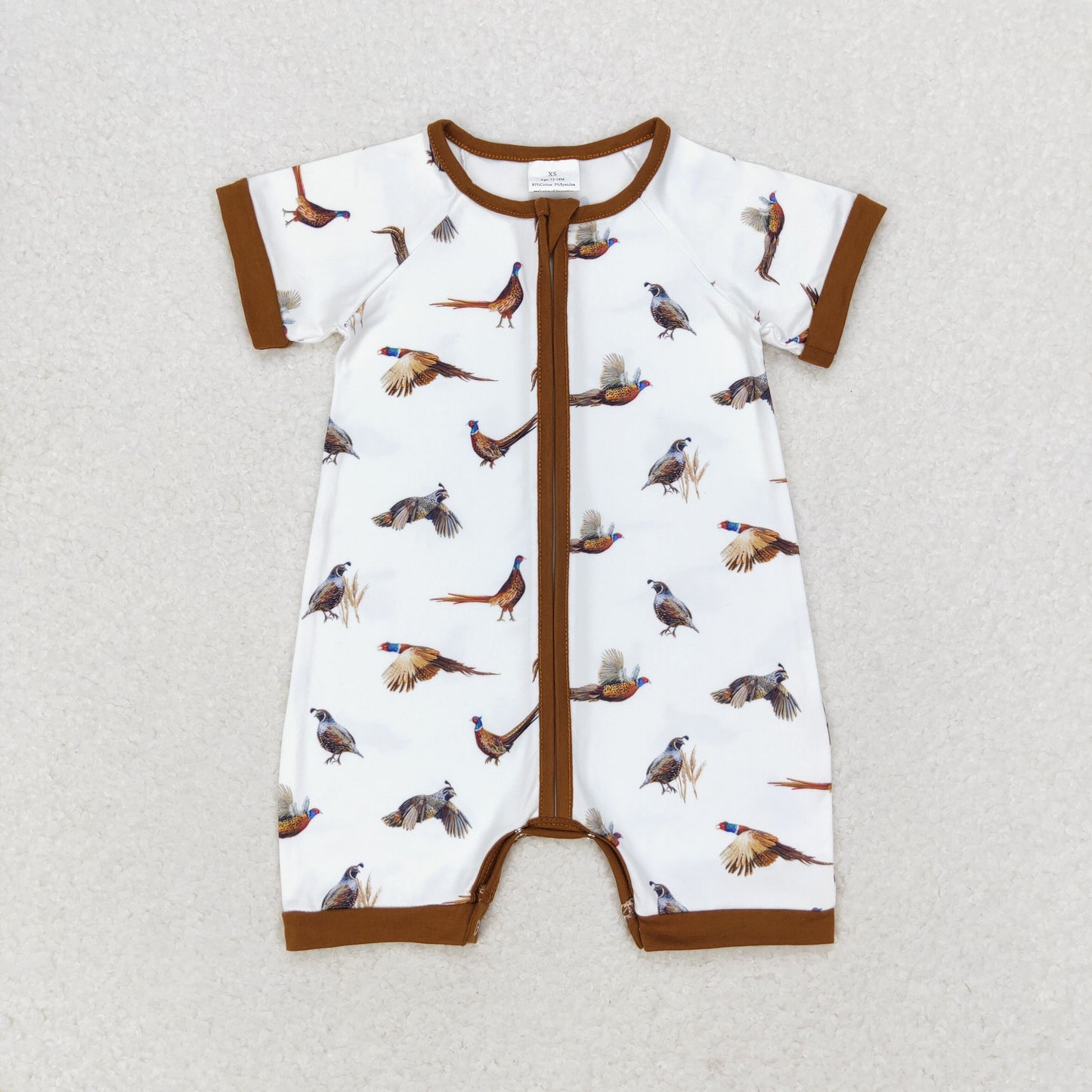 SR1657 Bird brown and white zipper short sleeve romper High quality baby girl romper dress