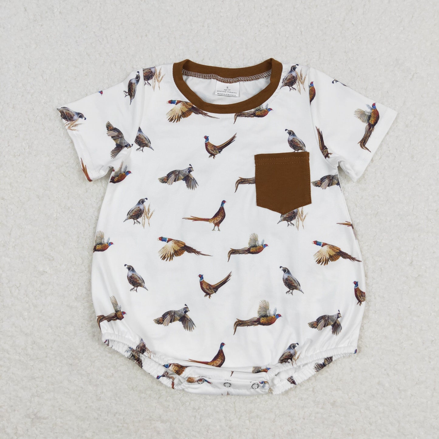 SR1658 Bird Brown pocket White short sleeve romper High quality cute summer romper baby girls 6 month