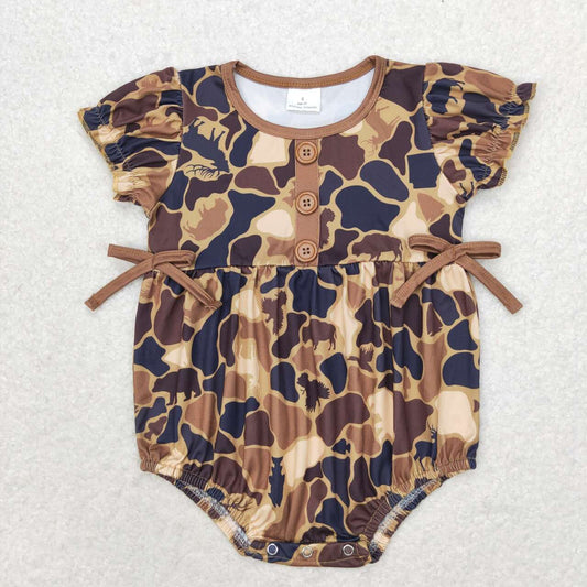 SR1682 Camo brown bow short sleeve romper High quality short knit romper baby