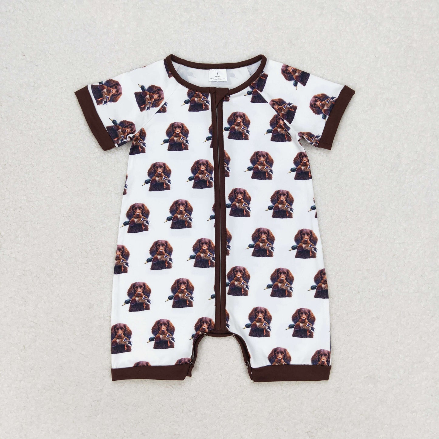 SR1687 Duck Puppy brown and white zipper short sleeve romper high quality wholesale cotton baby romper